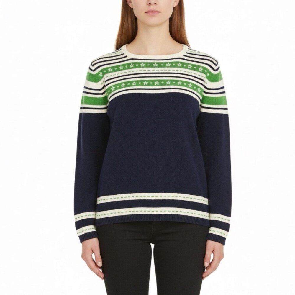 Alfred Dunner Womens Blue Green White Cotton Blend Floral Striped Sweater Size L
